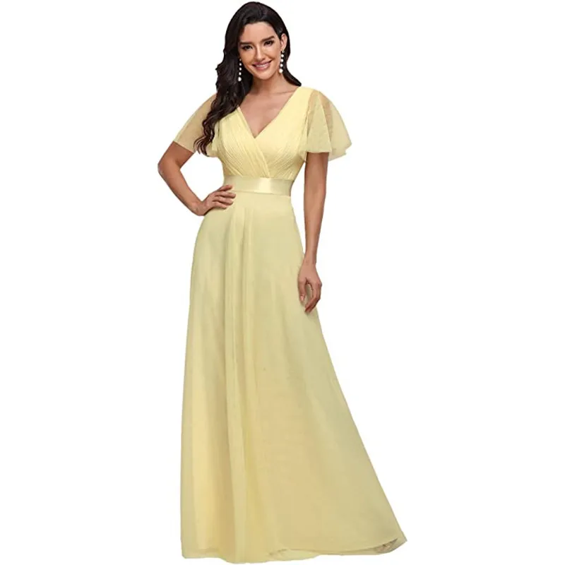 Uma linha estilo feminino duplo v-neck império cintura frente wrap lady vestido de dama de honra praty vestido para casamento