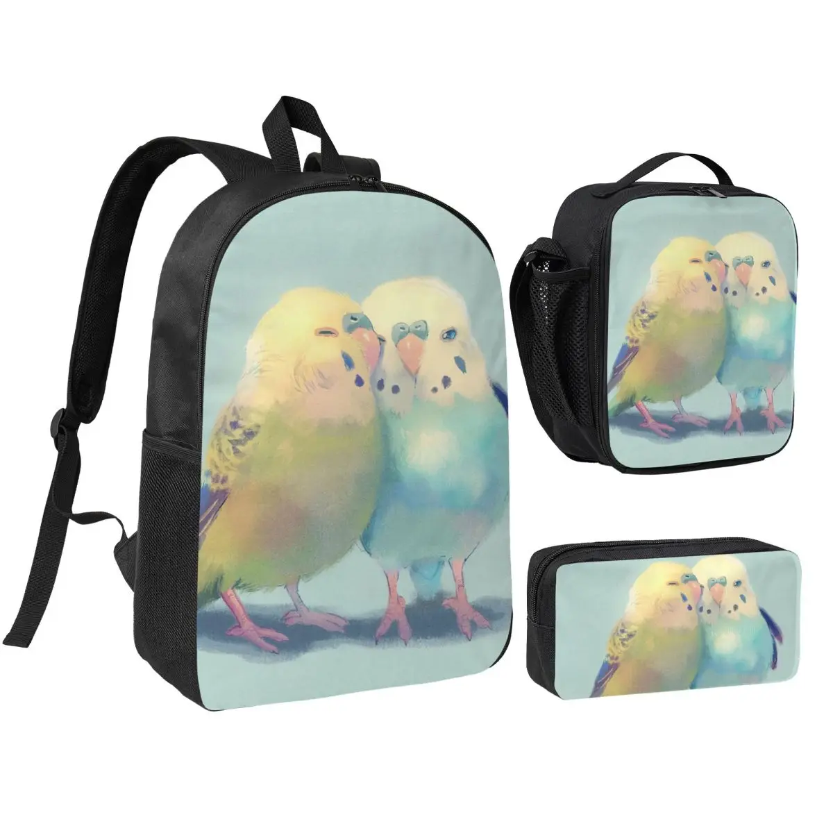 Parakeets Affectionate Backpack Boys Girls BookBag School Bag Shoulder Bags 3ps Insulated Lunch Bag Pencil Case