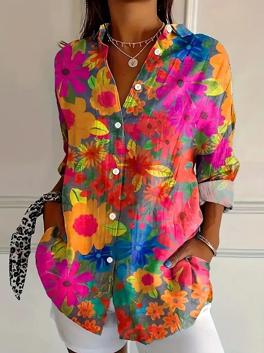Gráficos florais femininos elegante vintage tropical impresso camisa de manga longa casual regular topos botão para baixo camisas vintage