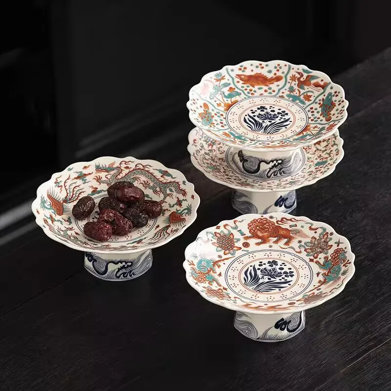 Fruit plate household living room tea table snacks placed tall  ceramic national style refreshment plate