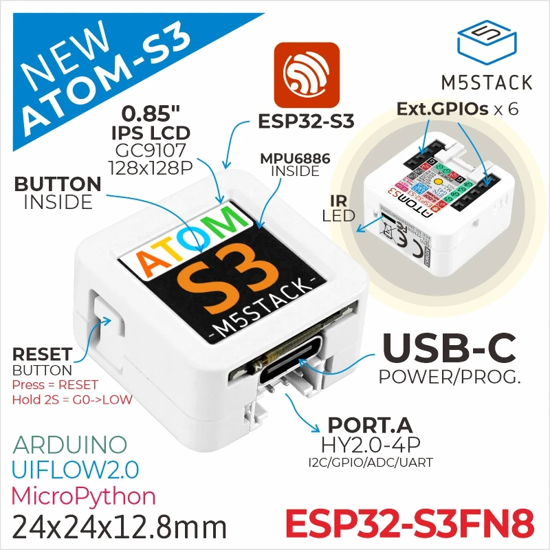 정품 M5Stack ATOMS3 ESP32-S3 프로그래밍 가능 컨트롤러 개발 보드 키트, IoT 노드용 와이파이 6 축 자이로 센서 MPU6886