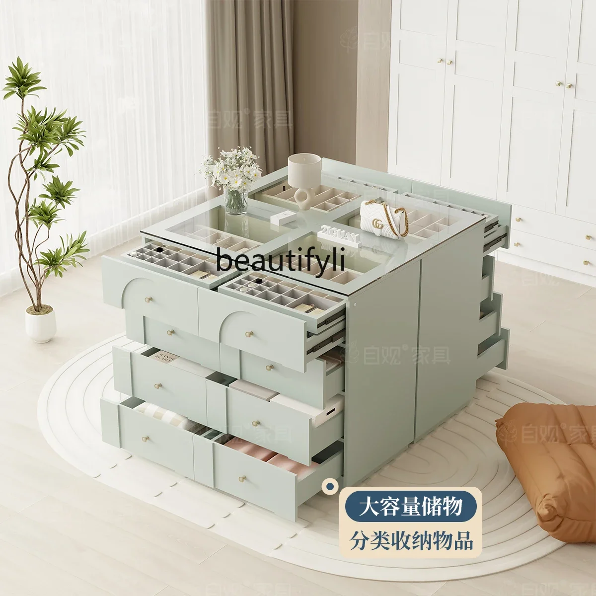 

Green storage chest integrated cloakroom middle island desk bedroom jewelry decorative cabinet with glass