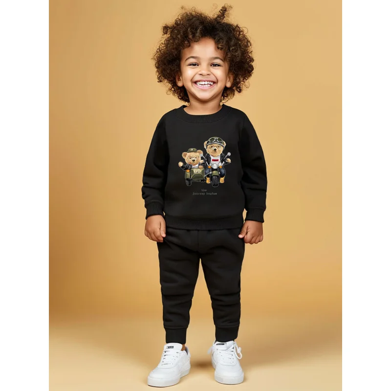 Boys round neck long sleeved hoodie set cartoon small tricycle glasses teddy bear English letter printed versatile pants tw2360A