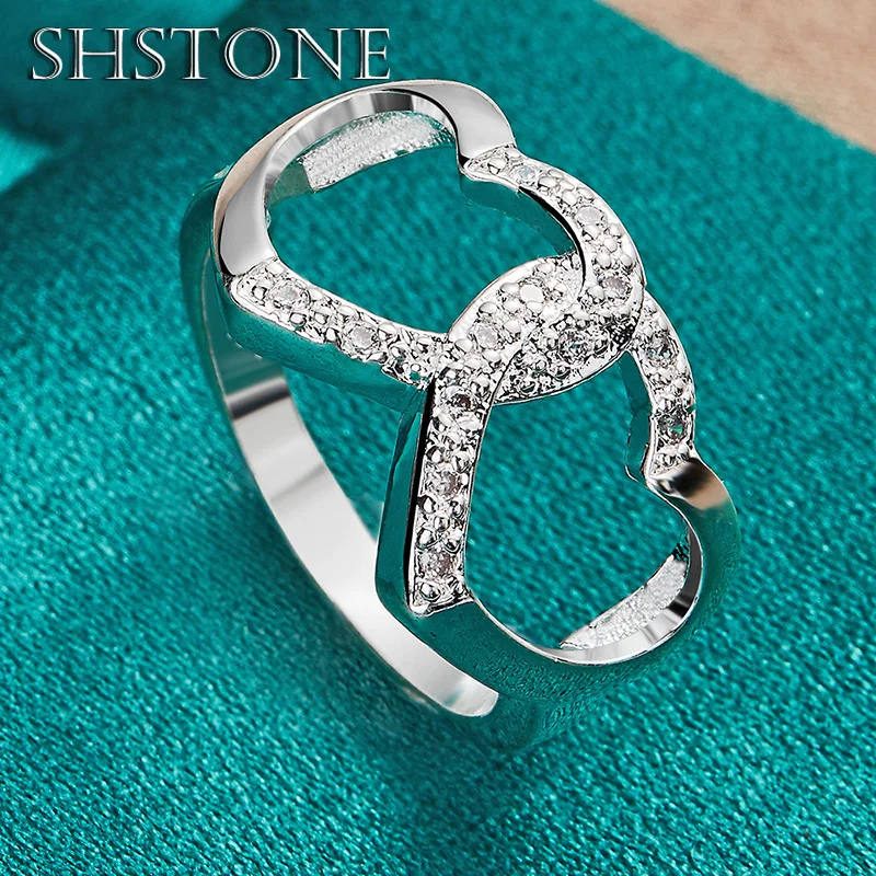 

SHSTONE 925 Sterling Silver Rings Inlay AAA Zircon Crystal Two Heart Ring For Women Party Wedding Bands Fine Jewelry Accessories