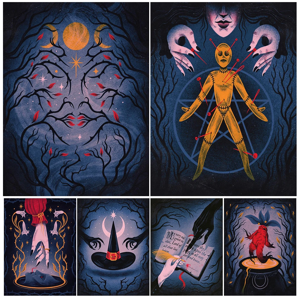 

Voodoo Doll,Contract Of Devil,Horror Divination Abstract Wall Art Print Victorian Witchcraft Gothic Art Poster Print Decoration