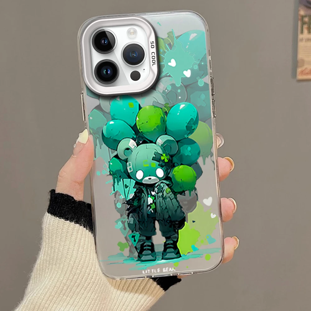 Sad Green Balloon Bear Phone Case For iPhone 11 12 13 14 15 16 Pro Max Plus Magesafe Magnetic Transparent Charge Soft Shell