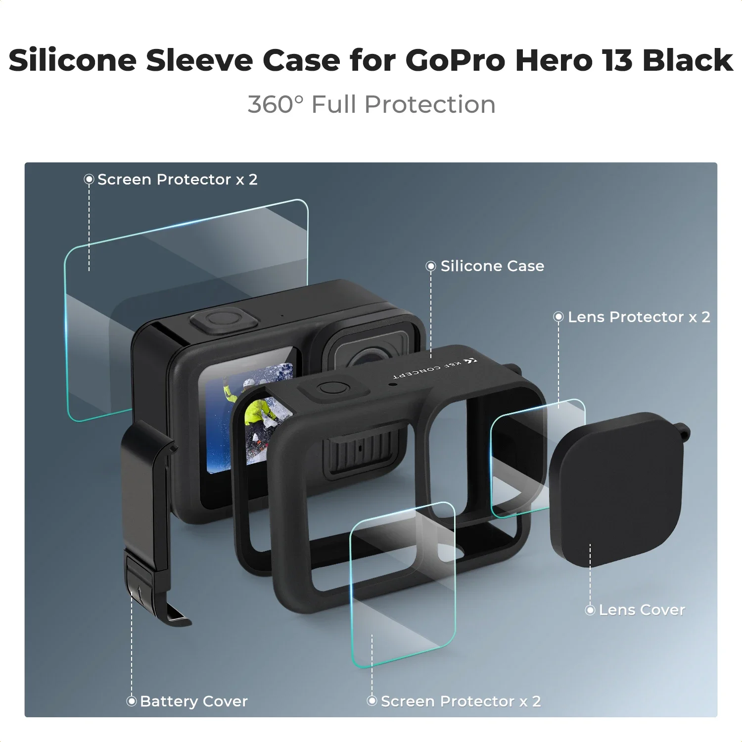 K&F CONCEPT مجموعة غطاء واقٍ من السيليكون الأسود لـ GoPro HERO 13 12 11 طبقة حماية للشاشة والعدسة تغطية كاملة #2