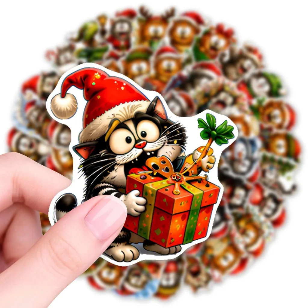 50Pcs American Retro Playful Chubby Cat Christmas Cartoon Stickers, Self‑Adhesive Decals for X‑mas Gift DIY Ornament & Aesthetic