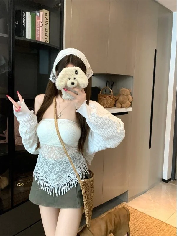 

Early Spring Lace Splice Fringe Slim Fit Tube Top Hollow out Short Cardigan Set plus Size Women's Fashion Chic Sunscreen Long...