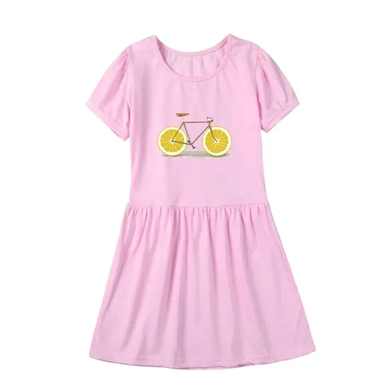 

Girls Clothes for Summer Princess Dresses Kids Short Sleeve Lemon Bike Print Party Dresses for Children Clothing 3-14Y