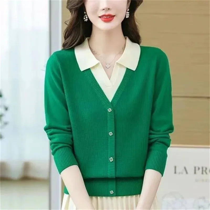 

Vintage Knitted Cardigan Women's Thickened Lapel Collar Loose Slim Sweater Coat Color Matching Top Autumn And Winter Jacket 2023