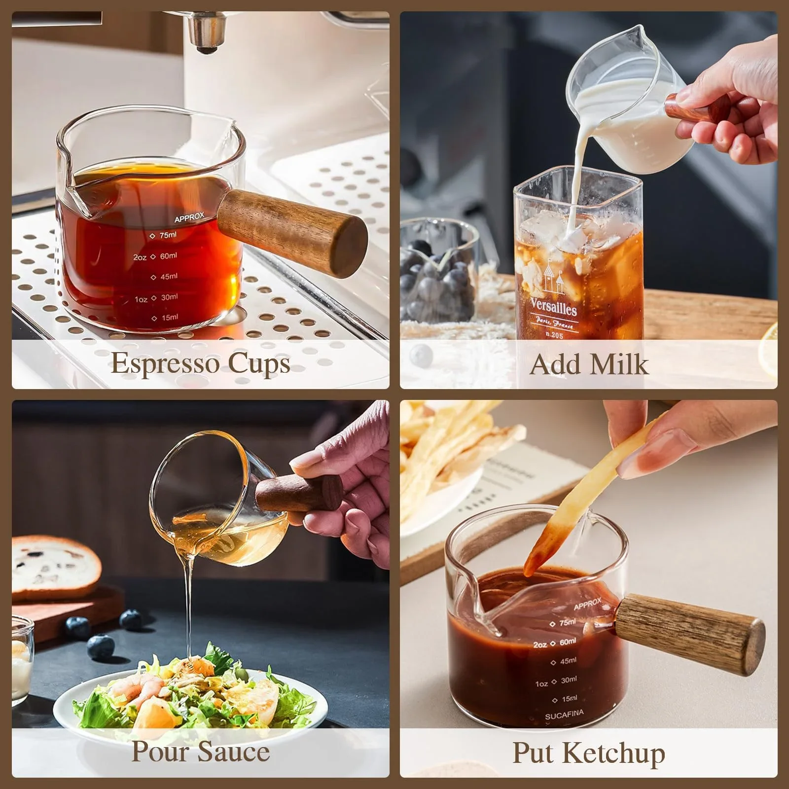 75ml Glass Espresso Measuring Cup Transparent Milk Jug Wood Handle Single Double Mouth Kitchen Measure Coffee Supplies Mug view 5