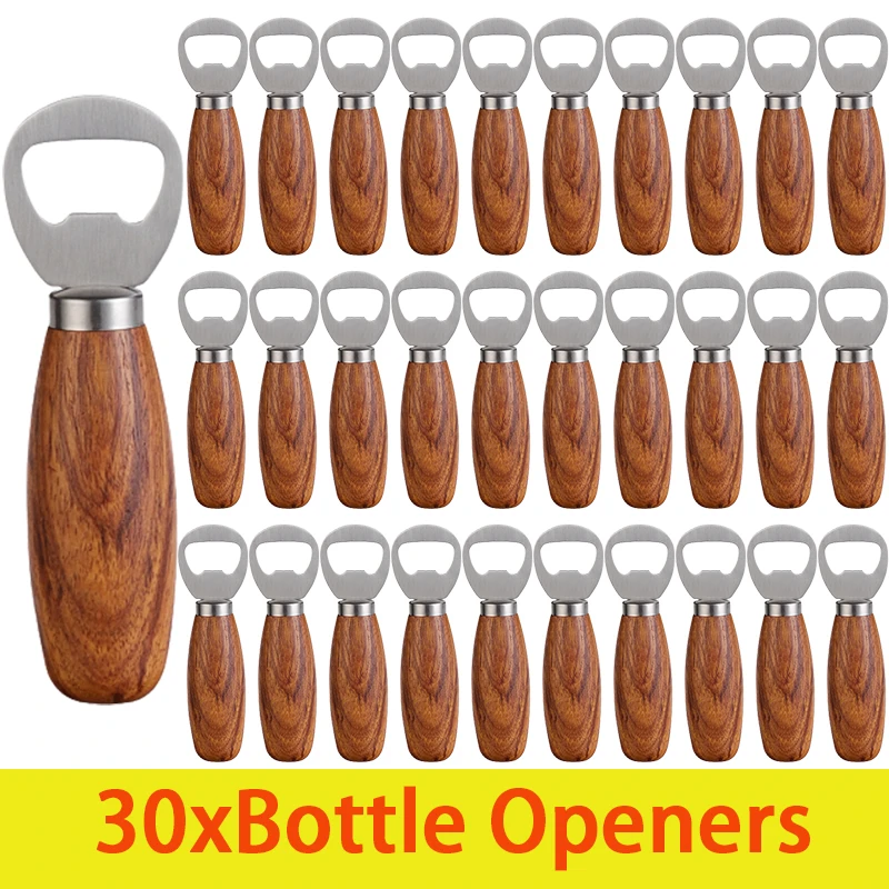 

30Pcs Stainless Steel Beer Bottle Opener with Wooden Handle Handheld Corkscrew Wine Cans Cap Openers Durable Bar Kitchen Tools