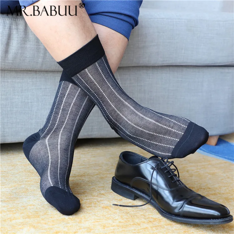 

Fashion Stripes Mens Business Formal Dress Socks Soft Smooth Sweat Absorbable Cotton Stocking Elastic Thin Sheer Socks for Men