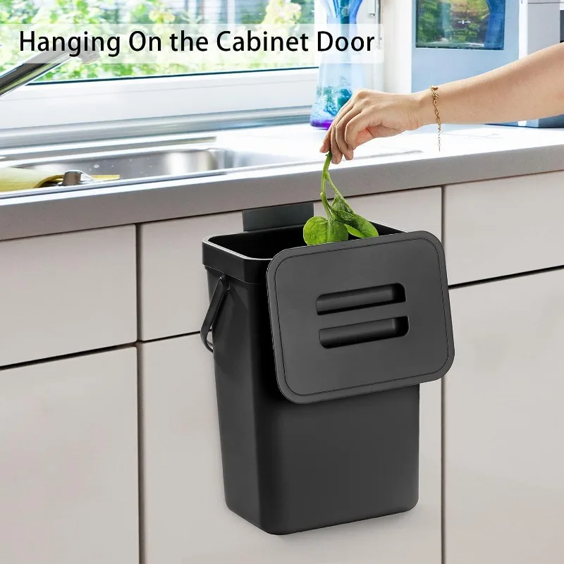 Kitchen Compost Bin,3.2 Gallon/12L Hanging Garbage Can for Baby Crib/Bathroom/Cupboard, Plastic Food Waste Bin,1 Pack Black