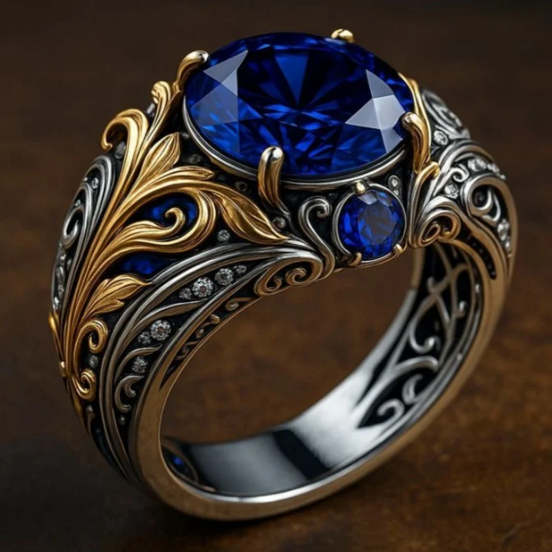 Artistic Vintage Blue Synthetic Zirconia Vine Leaf Cameo Two Tone Women Ring Elegant Gorgeous Banquet Festival Jewelry Accessory