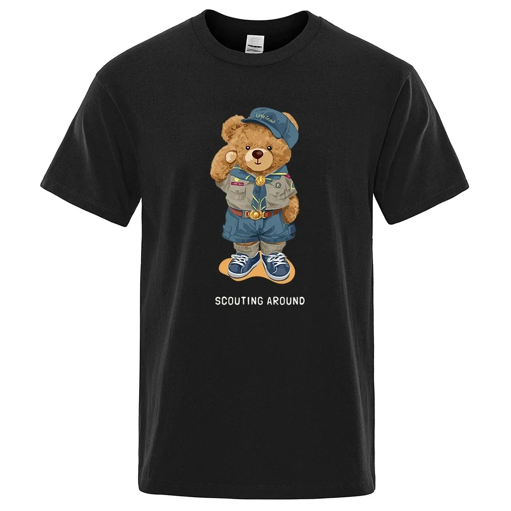 Cute Teddy Bear Salute Scoring Around Prints T Shirt Men Brand Tees Short Sleeve Retro Adult T-Shirt Hip Hop T-Shirt