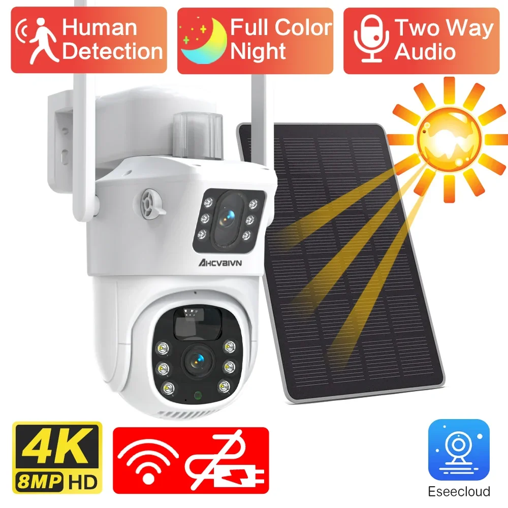 8MP AI Auto Tracking WIFI Solar Camera Dual Lens Battery Wireless IP Camera Outdoor Security PTZ Long Time Stand Surveillance 4K