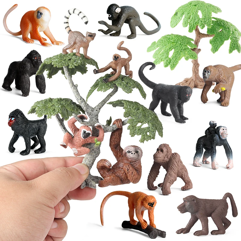 16Pcs Monkey Animal Model Figures Set Wild Primate Gibbon Orangutan Sloth Ring-Tailed Lemur Gorilla and Trees For Kids Gift