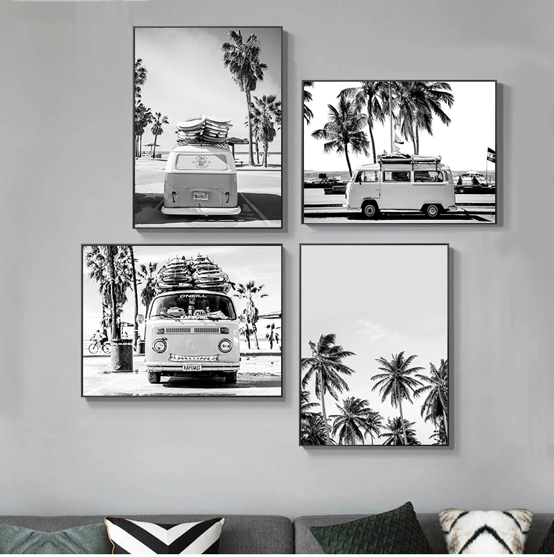 Camper Van Beach Surf Palm Tree Black White Photography Ocean Print Art Canvas Poster For Living Room Decor Home Wall Picture