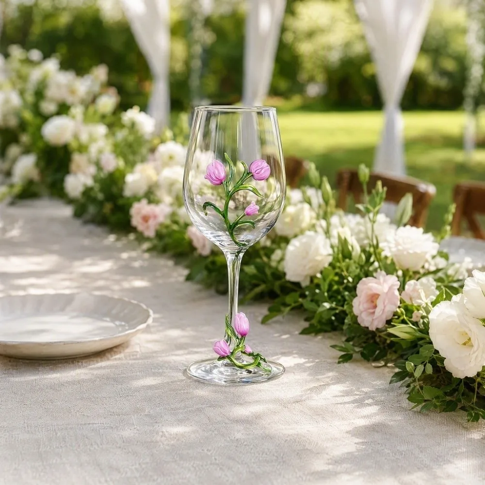 Festival Supplies Tulip Floral Tulip Flower Wine Glass 350ML Elegant Glass Goblet Transparent 3D Creative Tall Glass Table Decor