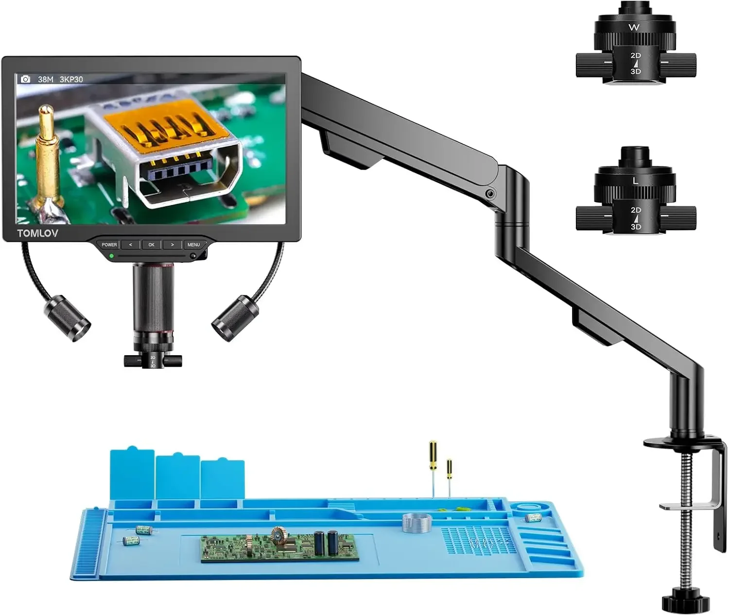3D Digital Microscope for Soldering: Magnetic Dual Lens Micro Scope TM3K-3D for Adult, Coin Microscope with Flex Arm, 3K 7-Inch