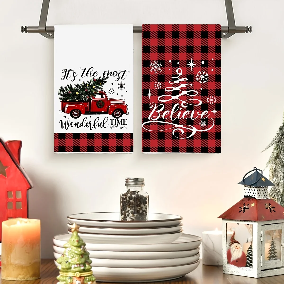 6 Pcs Christmas Kitchen Towels Red Black Buffalo Plaid Dish Towel | Absorbent Snowman Gnome Truck Bathroom Hand Towels Farmhouse