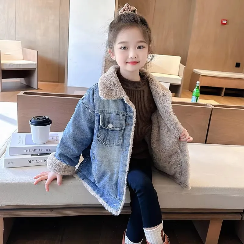 Baby Girl Winter Thermal Denim Jacket with Real Fur Coat Baby Wool Plus Velvet Thick Warm Parka Outerwear Age 2 3 4 5 6 7 8 9 Y