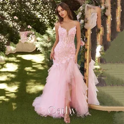 Cathy Baby Pink Lace Embroidery Tulle Prom Dress Spaghetti Strap Mermaid vestidos par boda Elegant Sleeveless Wedding Dress 2024