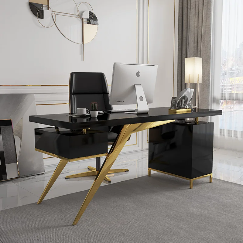 Luxury Modern Home Black Ceo Office Desk Set Computer Desks Study Table with Gold Stainless Steel Frame for Office Furniture