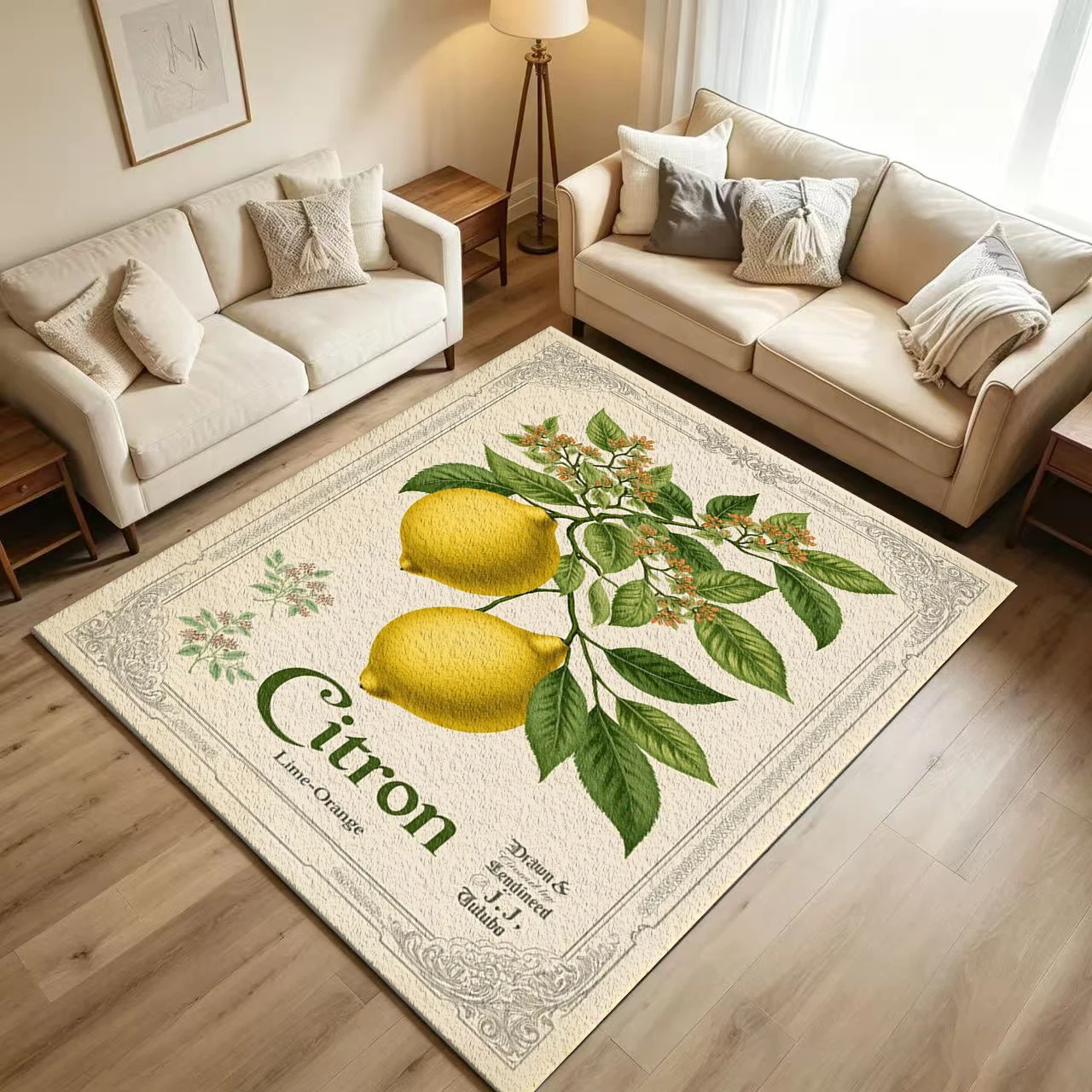 Retro Botanical Citron Fruit Carpet Flooring Vintage Lemon Illustration Ornate Frame Printed Floor Rug for Household Indoor Home Art Decor