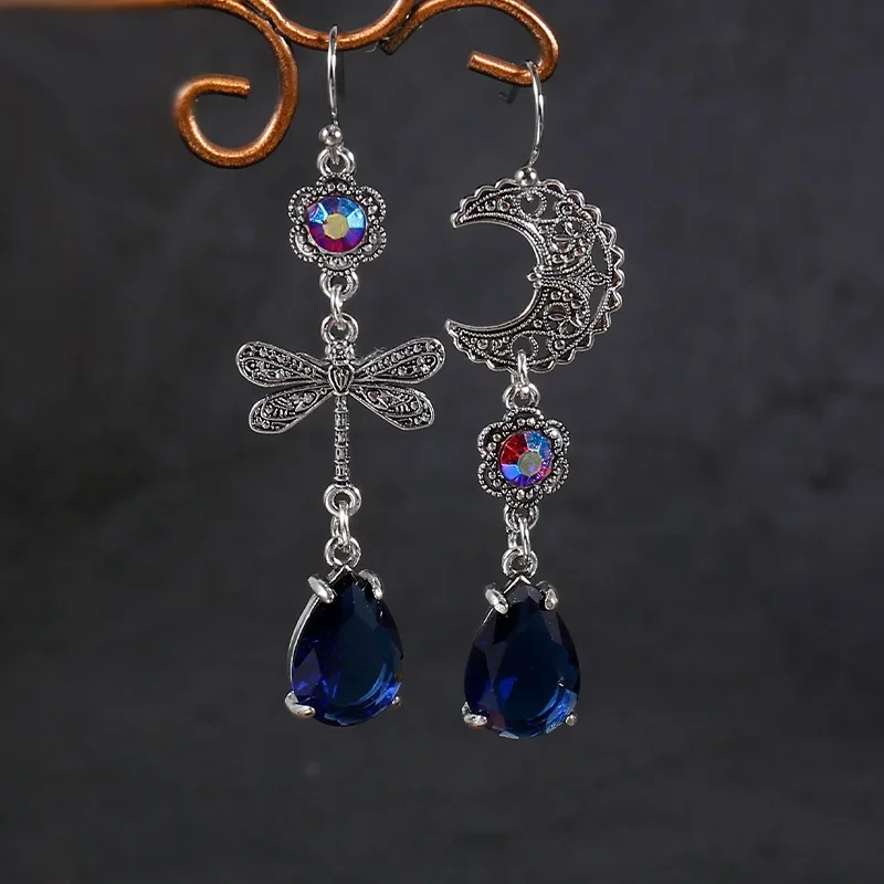 New Style Creative Dragonfly Star Asymmetrical Earrings Fashion Trend Blue Teardrop Dangle Hook Earrings