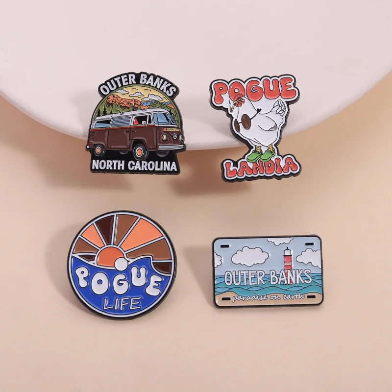 Outer Banks Themed Brooches Car and Chicken Pattern Metal Badges Small Gift Wholesale Hat Pins for Backpacks Cap Pin Brooch Bag