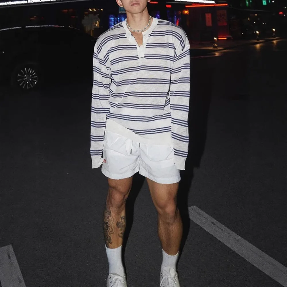 Men's White Black Henry Collar Striped Long Sleeve T-Shirt Spring Autumn Lazy Style Loose Fit Sports Pullover Base Layer Top