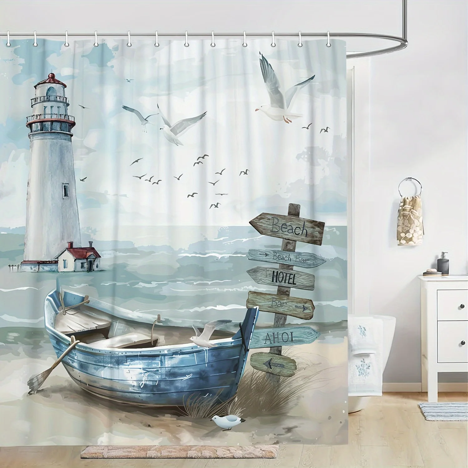 Coastal Charm Shower Curtain- Ocean Beach & Lighthouse Design, Waterproof Polyester With Hooks, Perfect For Bathroom Decor