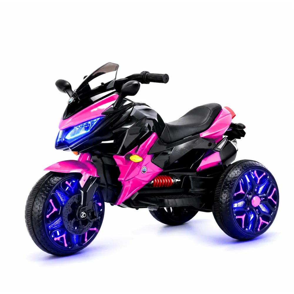 Kids Motorcycle Ride-On Motorcycle 3-Wheels Battery Powered Motorbike Rechargeable 12 V Kids Ride-On Toy with PU Seat Training Wheels/Manual Throttle/Drive by Hand/Lighting Wheels