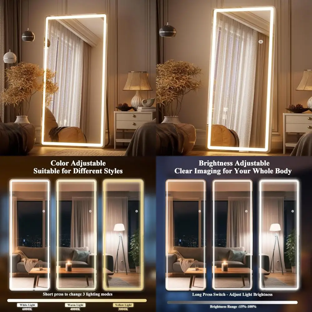 Espejo de longitud completa con iluminación LED, 71 x 30 con esquinas redondeadas, de pie para dormitorios o vestidores, iluminación de 3 colores