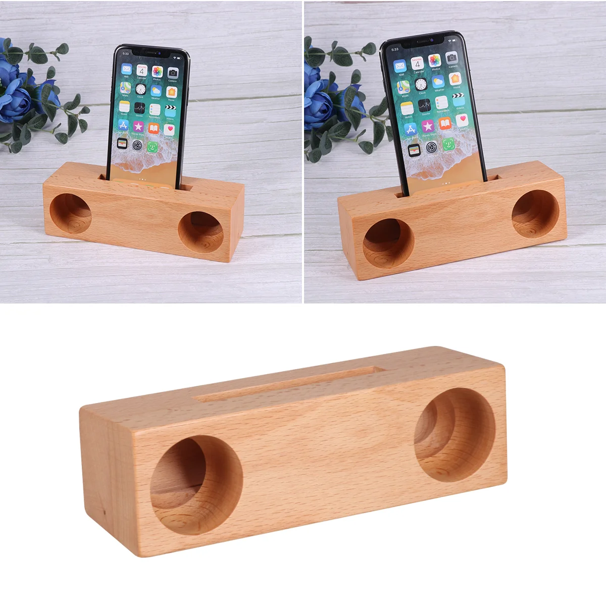 Vertical Wood Mobile Phone Holder Simple Vehicle-mounted Phone Amplifier Stand Portable Table Sound Louder (Beech)