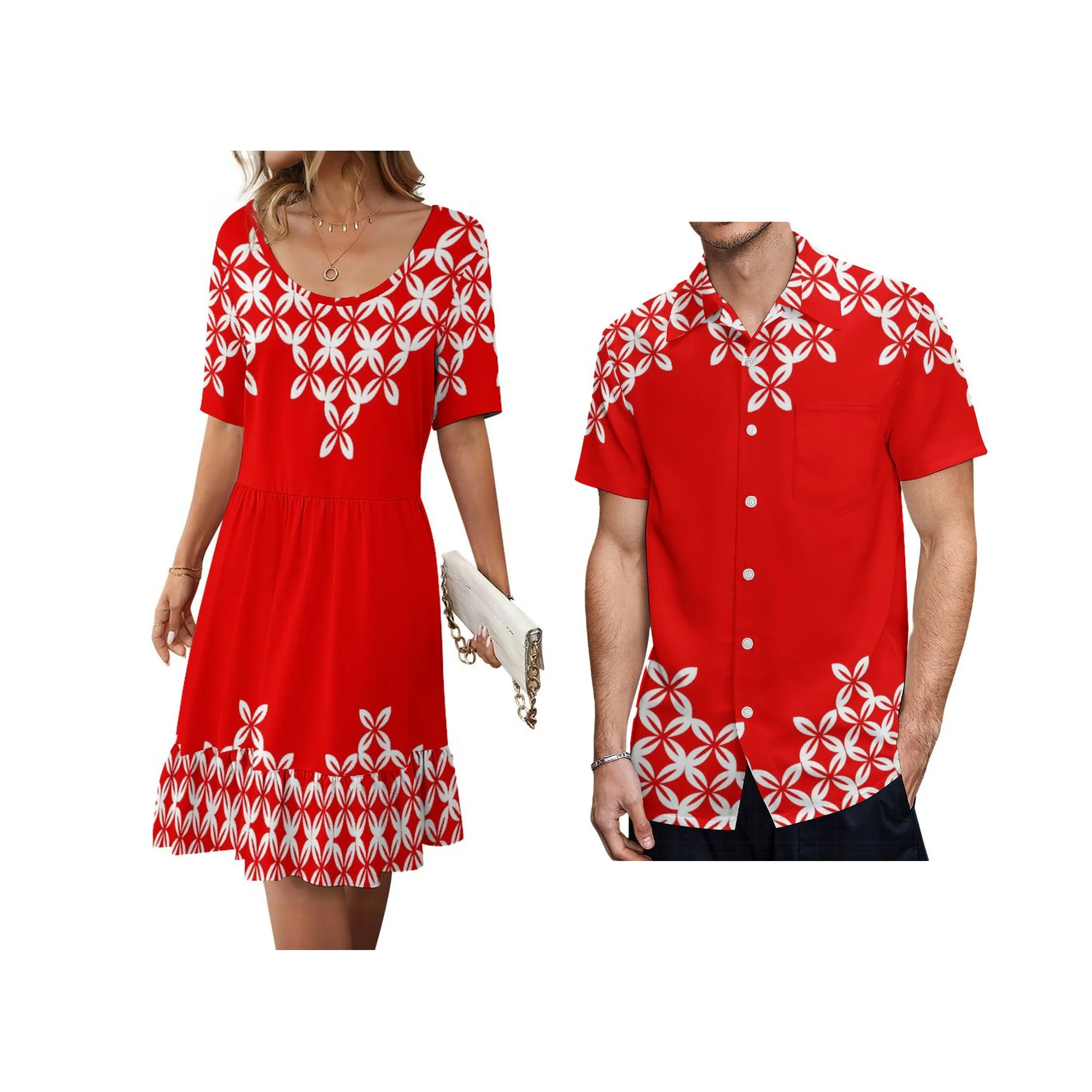 

High Quality Custom Logo Red Ladies Mini Dresses Hawaii Print Womens Short Sleeved Ruffled Dress Polyensian Tribal Casual Dress
