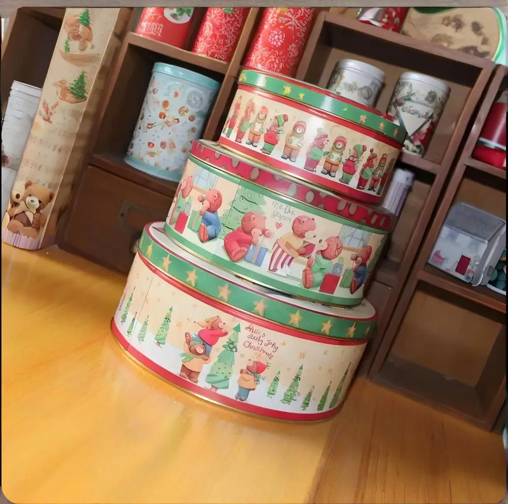 3 قطع معدنية الخبز البسكويت صندوق تخزين جولة صغيرة الدب القصدير حالة كامل اللون طباعة عيد الميلاد حزب هدية آخر 4 مجموعات التخليص!
