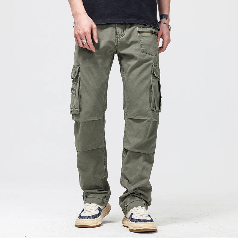 

Men's Multiple Pockets Cargo Trousers Streewear Loose Wide Leg Jeans Straight Military Tactics Denim Pants