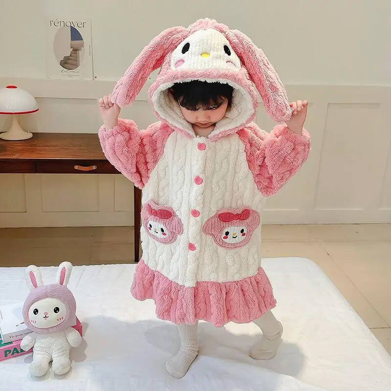 

My Melody Kuromi коралловые флисовые пижамы для девочек, осенне-зимняя детская фланелевая домашняя одежда, зимняя ночная рубашка для больших детей