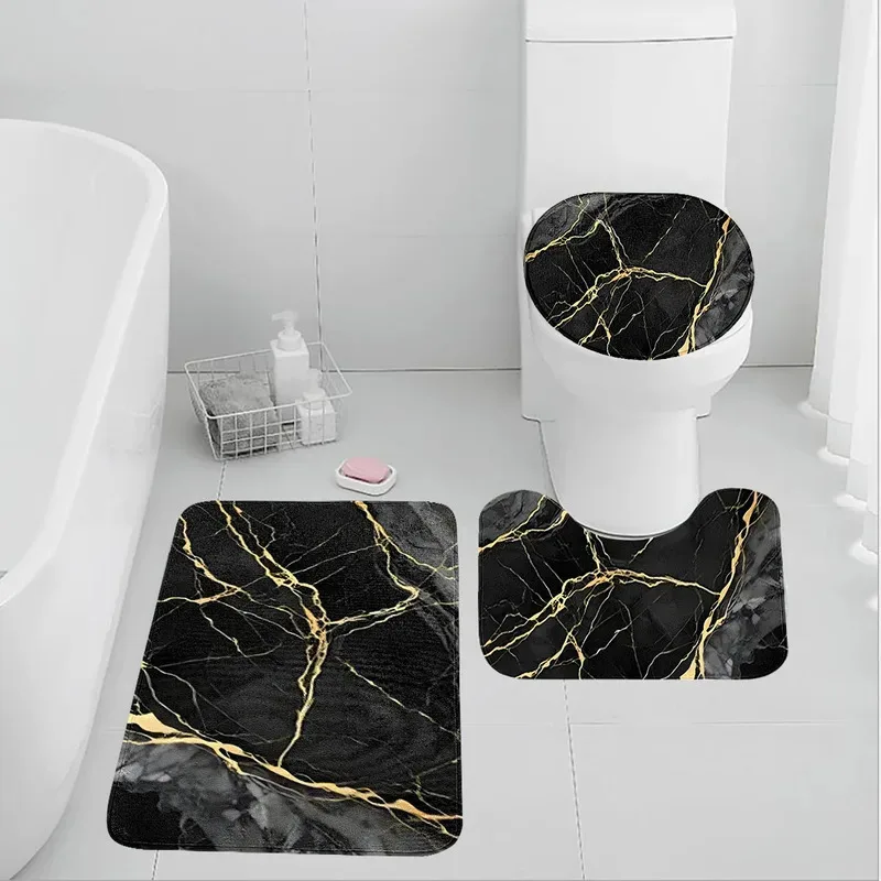 VIKAMA Gold Thread Marble Badezimmerteppich-Set, 3-teilig, rutschfeste, saugfähige Bodenmatte, luxuriöser Badteppich, einzeln oder als Komplettset erhältlich