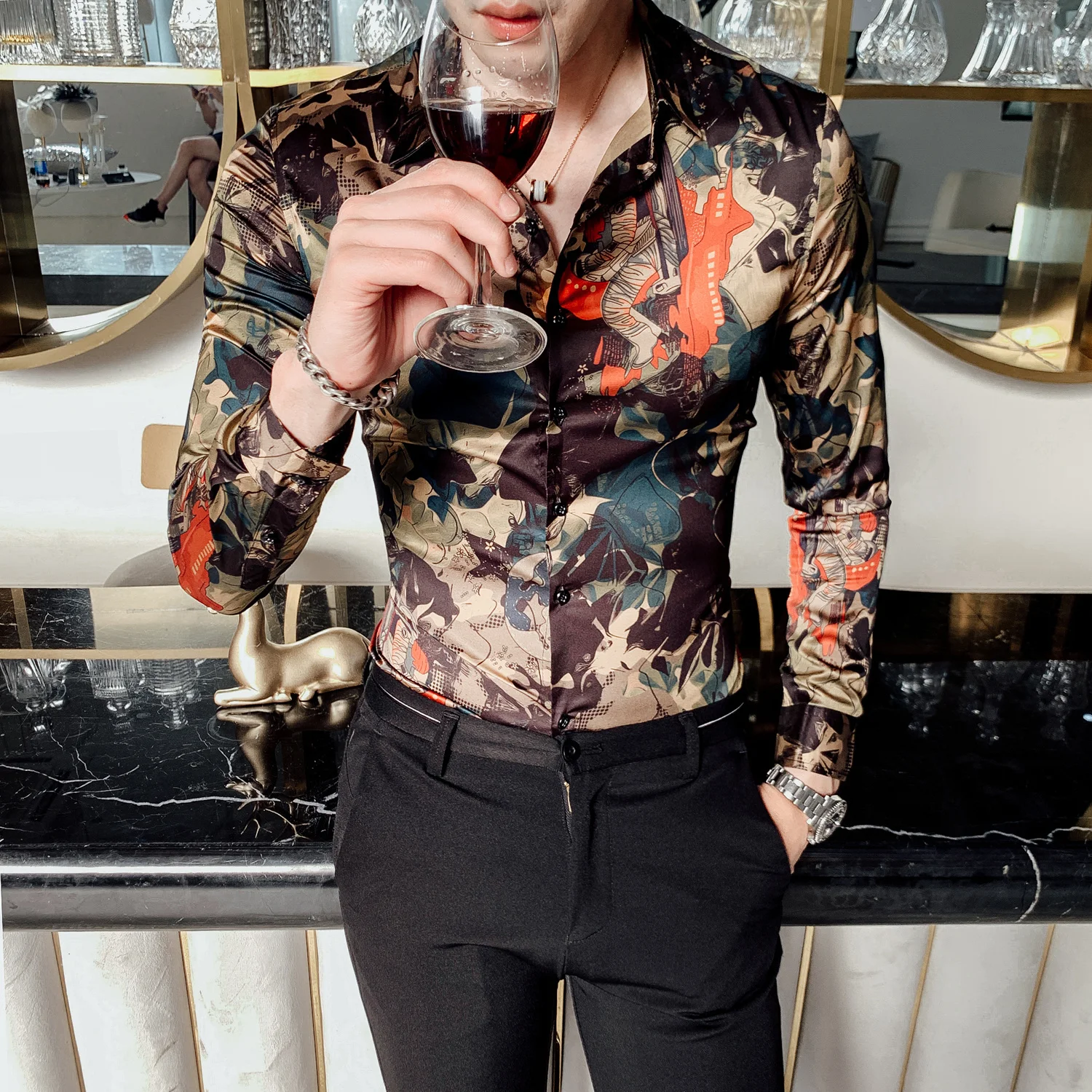 Leaf Print Shirt Men Flower Shirt Casual Shirts Slim Fit Party Dress Shirt Fashion 2019 Autumn Long Sleeve Digital Print Men 4xl