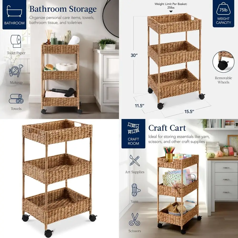 3-Tier Rolling Nursery Cart with Wheels for Storage, Utility, and Organization in Bathroom or Laundry Room - Chestnut
