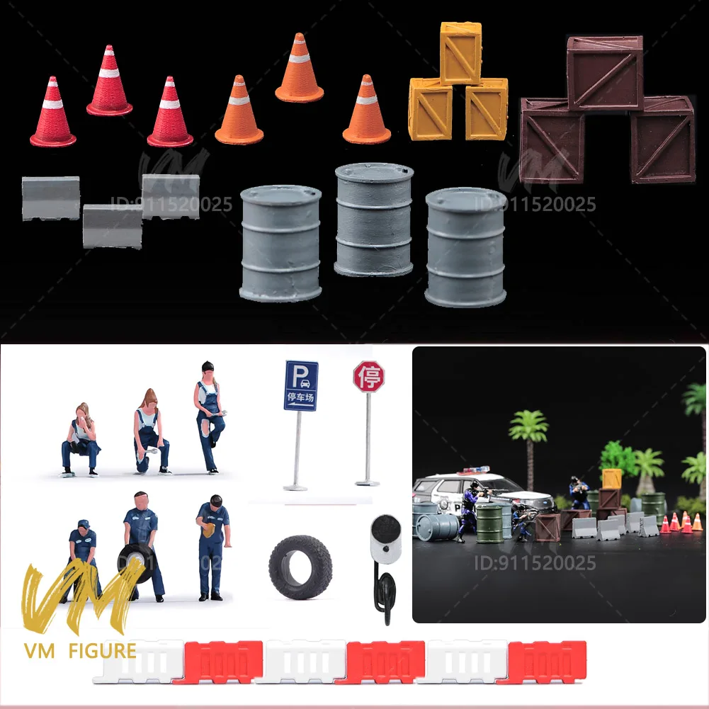 Painted Miniatures 1/64 Automobile Repair Tools Tire Car Repair worker Figure Model Toys View Ornament Scene Props Vehicle Decor