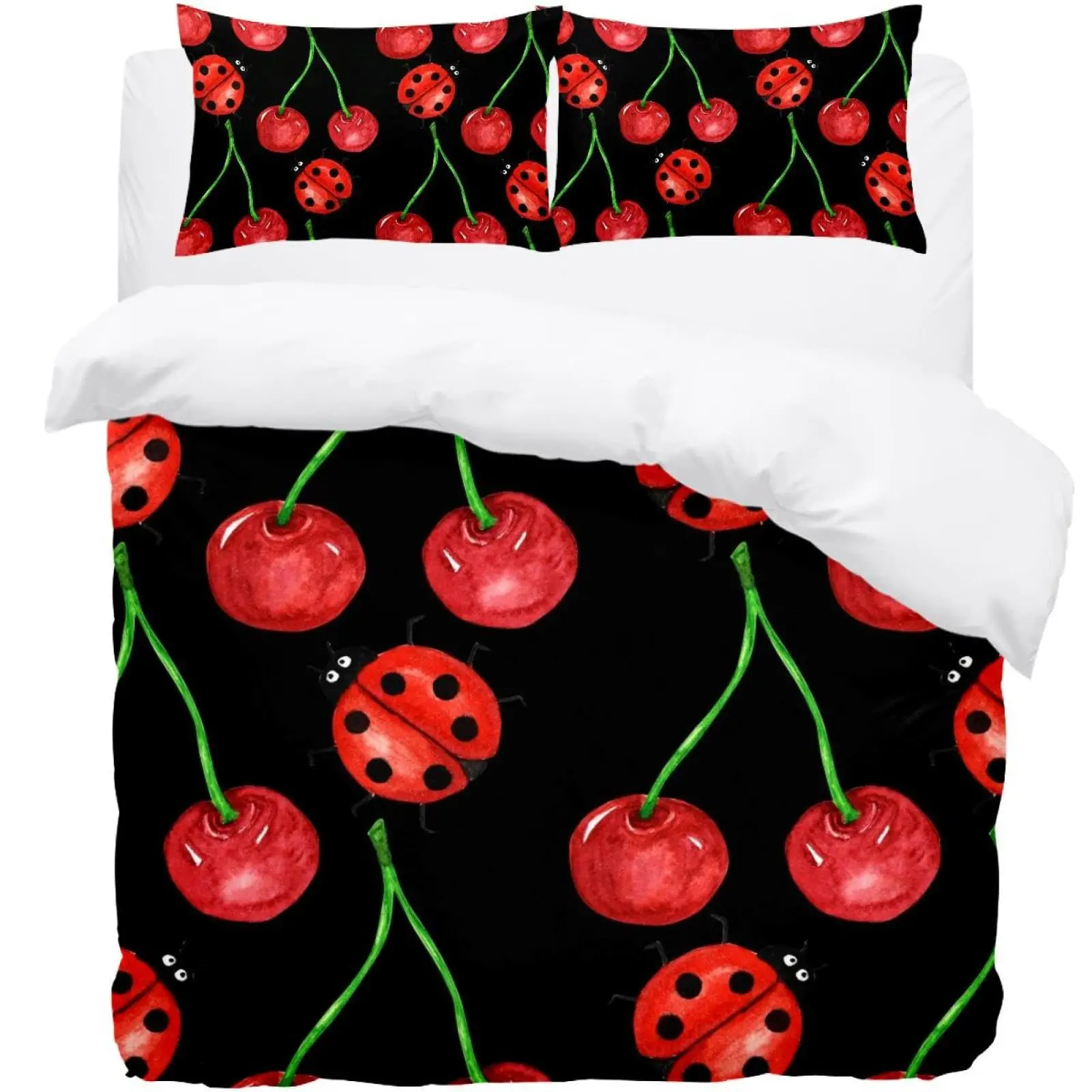 Ladybug Comforter Cover Set Ladybug on Green Leaf Duvet Cover Wild Wildlife Theme Microfiber Bedding Set 3pcs for Kids Teens