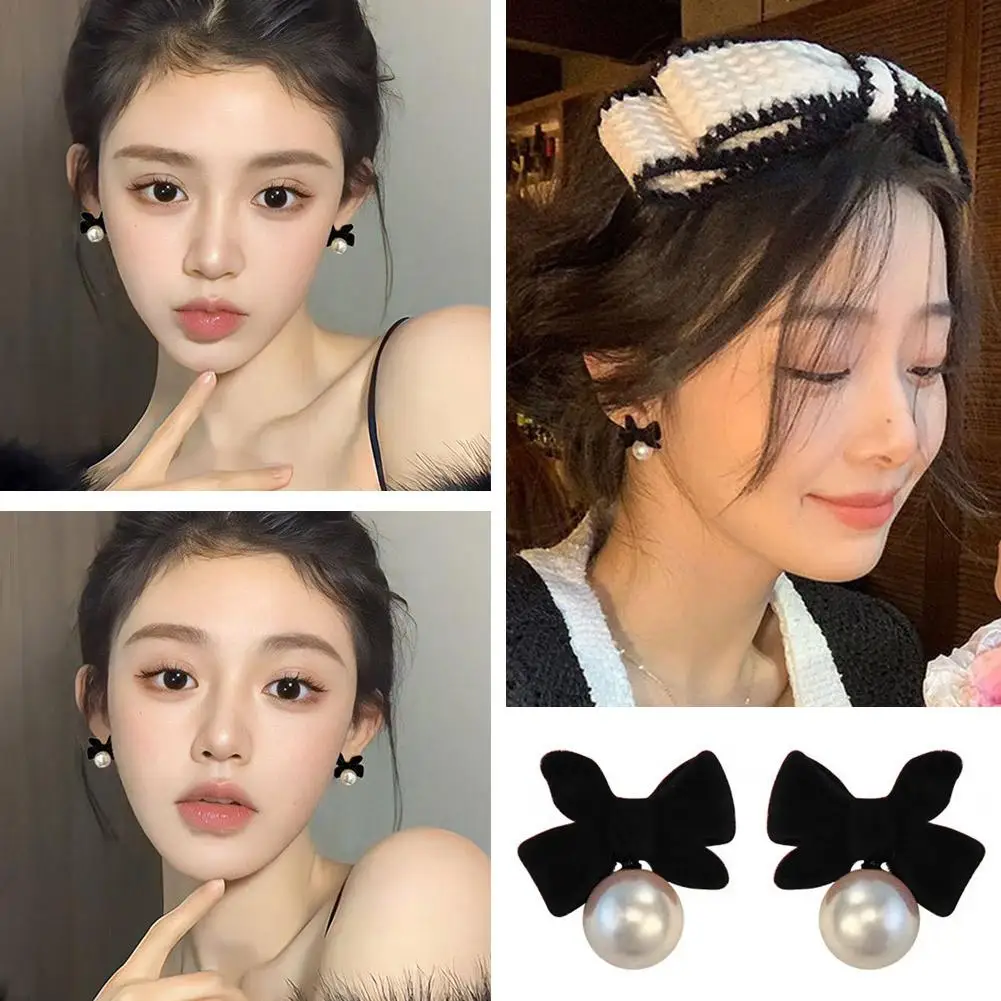 Women Black Flocking Bow Imitation Pearl Earrings About Gentle Gift Earrings Party Trend Wedding Jewelry 2cm Elegant T8q8
