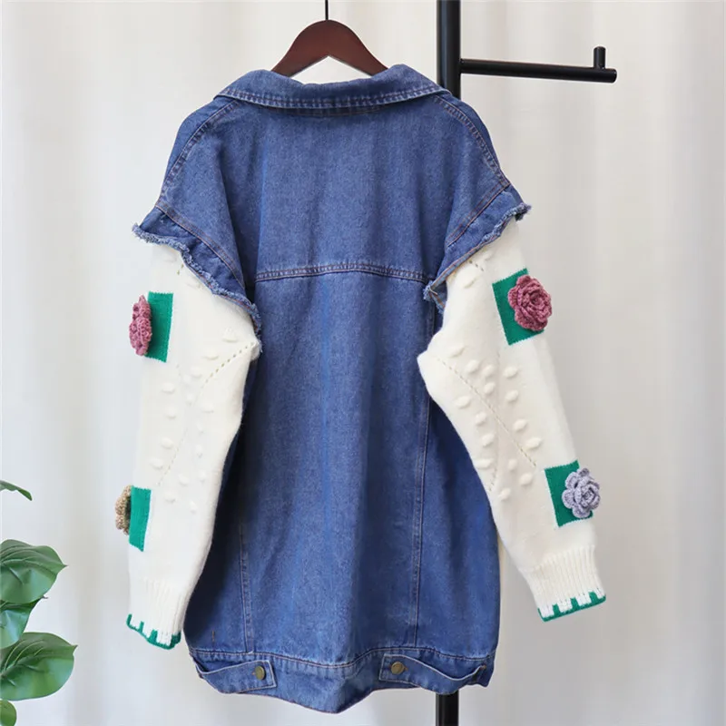 Cardigan Women Denim Spliced Knitted Sweater Jacket Floral Decorate Fashion Lapel Knit Coat Female 2022 Autumn Winter Sweaters