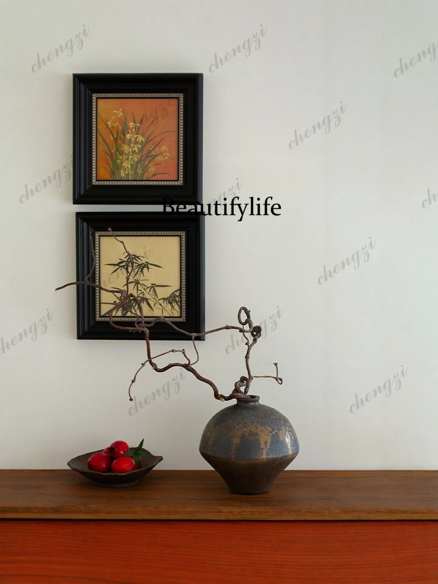 Japanese-style wabi-sabi wind ceramic vase small mouth big belly flower ware homestay model room bogu frame